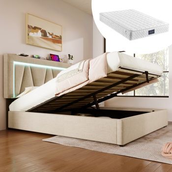 Cama Contenedor 140 X 200 Cm Para Adultos - Usb + Tipo C + Led - Tejido Lino - Beige + Colchón