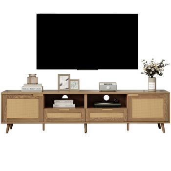 Mueble De Tv De 200 Cm Color Roble Con Ratán Sintético Y Patas De Madera Maciza