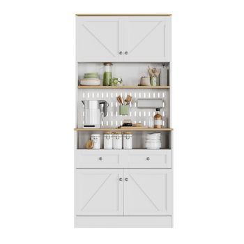 Aparador Buffet - Mueble Para Cocina - Mdf Y Partículas - Blanco Y Natural (80x40x175cm)
