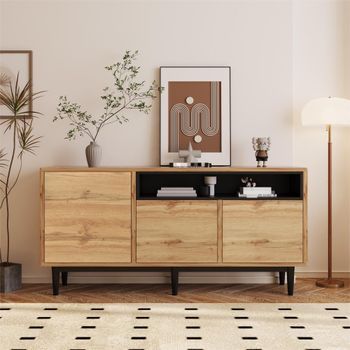 Aparador - Mueble Para Salón - Mdf Y Tablero De Partículas - Negro Y Madera (160x35x76cm)