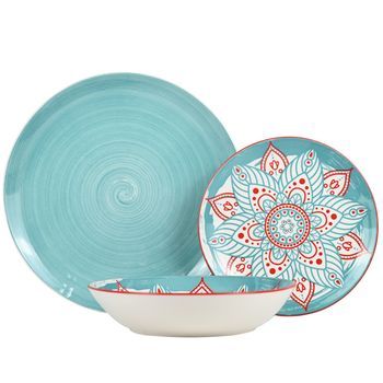 Vajilla 18 Pzs Porcelana Azul Mandala, Plato Llano:diam.27cm