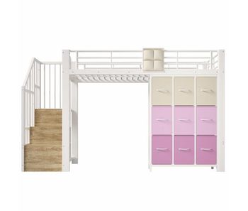Litera alta 90x200 cm - con cajones, barra para ropa, barandilla, escalera con almacenamiento, sin colchón - blanco