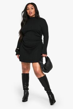 Vestido Recto Plus De Manga Larga Con Cuello Alto Y Fruncido Lateral, Negro