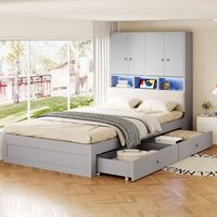 cama individual 90x200 de madera gris con cajones led y enchufe