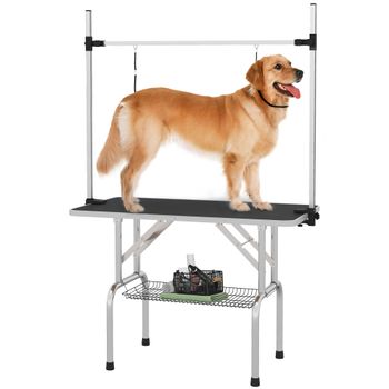 PawHut Mesa de Peluquería Canina Plegable con Estante de Almacenamiento Altura Ajustable 20-80 cm 107x60x170 cm Negro para Mascotas   Aosom España