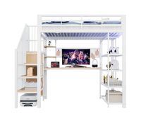 cama alta metalica 140x200 - escritorio largo panel perforado estanteria triangular enchufes europeos luz led estantes multiples barandilla alta - blanco