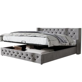Cama Doble 180x200 De Terciopelo Gris Con Canapé Hidráulico Y Cabecero Capitoné