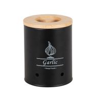 tarro para ajos de metal negro con tapa de bambu alt 14 cm