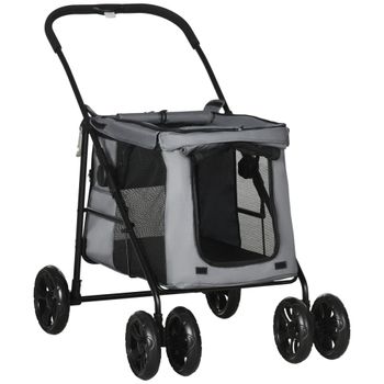 PawHut Carrito plegable para mascotas perros gatos cojín incluido ruedas con freno tela 600D Oxford 102 x 62 x 105 cm gris