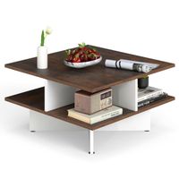 costway mesa de cafe cuadrada de 2 niveles con 4 compartimentos de almacenaje base en forma de cruz marron rustico