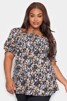 Yours Top Negro Y Naranja Floral Manga Corta Abullonada, Mujer Curvy Y Tallas Grandes, Yours