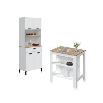 Pack Alacena Con Mesa Alta Nitza Blanco Artik (blanco Mate) - Natur 72 X 185 X 40 Cm