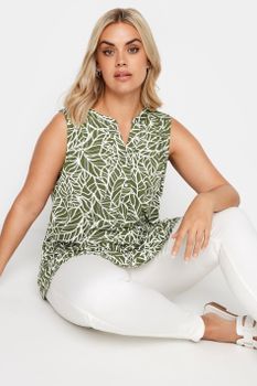 Yours Blusa Caqui Sin Mangas Estampado Hojas, Mujer Curvy Y Tallas Grandes, Yours