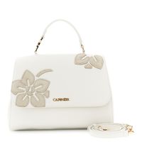 bolso de mano con solapa en material efecto piel con aplicaciones florales ivory
