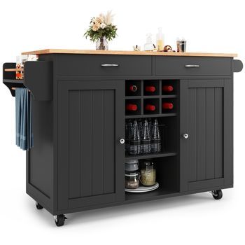 Isla De Cocina Y Mueble Buffet Aparador, Mesa De Comedor Multifuncional Con Ruedas Y Botellero, 102x45x92cm, Mdf Y Metal, Negro