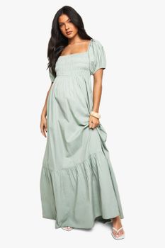 Vestido Pana De Algodón Popelina Con Mangas Abullonadas, Verde
