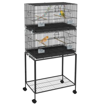 Jaula para pájaros Pawhut, jaula doble con soporte, comederos, perchas, bandeja extraíble, estante, asa y ruedas - Acero, 77L x 46W x 164H cm, color negro.