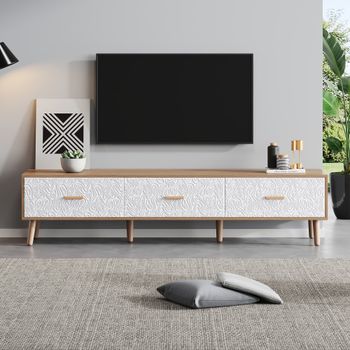 Mueble tv efecto madera clara con 3 cajones y puerta blanca