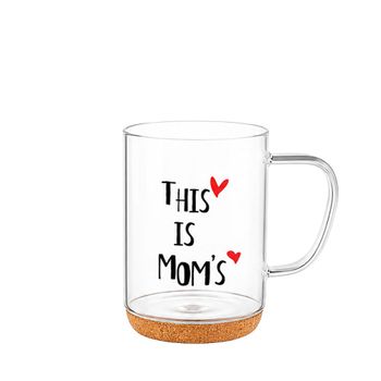 Taza de vidrio con fondo de corcho con inscripción 