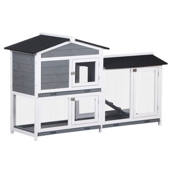 PawHut Conejera de Madera Exterior con Techo Asfáltico 2 Corrales de Metal Bandeja Extraíble 157,4x53x93,5 cm Gris