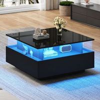 mesa de centro moderna negra de alto brillo 70 x 70 x 41 cm con led y 2 cajones