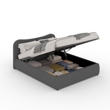 Cama Con Canapé Abatible 140x190 Cm Diseño Redondeado Terciopelo Gris Plano