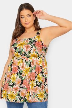Yours Top Negro De Tirantes Con Flores Naranjas, Mujer Curvy Y Tallas Grandes, Yours