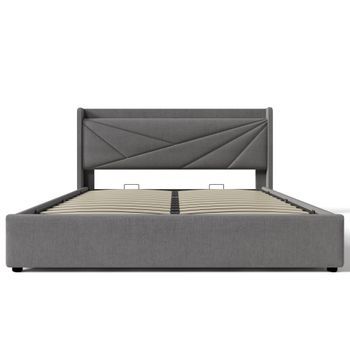 Cama Con Canapé De Tela De Lino 140x200cm Con Puerto Usb Y Somier Gris