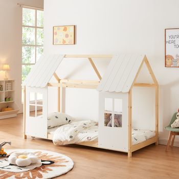 Cama Para Niños Tostedt En Forma De Casita 90x200 Cm - Efecto Madera/blanco [en.casa]