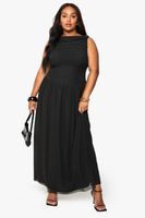 plus mesh ruched drop hem maxi dress negro