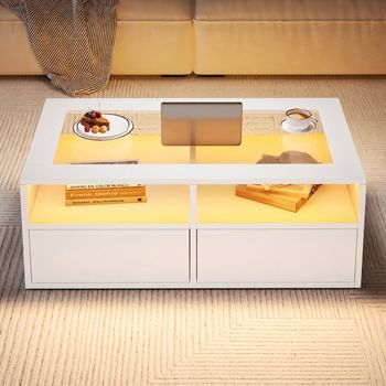 Mesa De Centro Blanca Con Led, 100 X 50 X 35 Cm, Dos Cajones Y Vidrio Templado