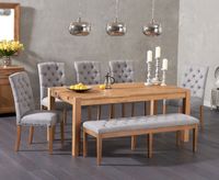 verona 180cm solid oak dining table with claudia fabric chairs and camille grey fabric bench