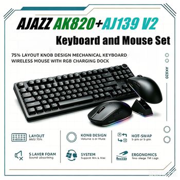 Paquete de teclado con cable AJAZZ AK820 y ratón inalámbrico Bluetooth AJ139 V2: diseño del 82%, teclas intercambiables en caliente, y base de carga magnética—ideal para trabajo de oficina y juegos.
