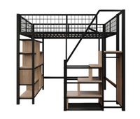 cama alta multifuncional 140x200 cm - con almacenamiento estantes y escalera - color negro
