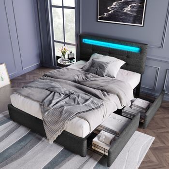 Cama Simple De 90x200 Cm, Con Mando A Distancia Led, 2 Cajones, Estructura De Madera, Cabecera Ajustable, Color Gris