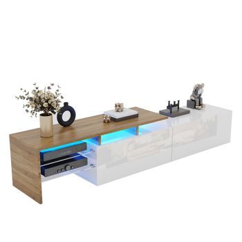 Mueble De Tv Moderno 170 Cm Con Amplio Espacio De Almacenamiento, Luces Led Y Estantes, Aglomerado, Blanco Y Madera