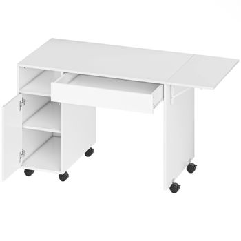 HOMCOM Mesa de ordenador sobre ruedas, mesa informática con abatible, cajón, armario y compartimento, 130 x 58 cm, blanco   Aosom España