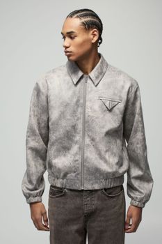 Chaqueta Harrington Recta De Ante Sintético Efecto Desteñido, Gris
