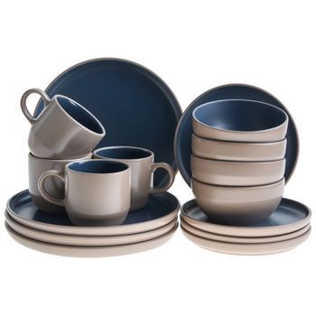 Vajilla De 16 Piezas De Gres Elegante Cocina Y Comedor Para 4 Personas Acabado Esmaltado Beige/azul Oscuro Nutmeg