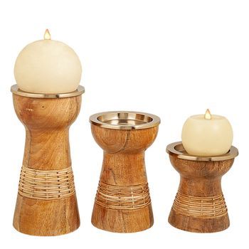Set 3 Portavela Madera/metal Dorado