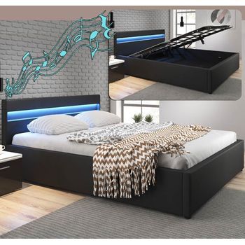 Cama Canapé De Matrimonio Con Colchón | Cama Doble Con Cabecero | Led Y Subwoofer | Somier Lamas | Negro | Madera Y Polipiel | Modelo Bahia | 180x200