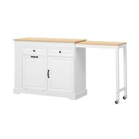 isla de cocina movil extensible mdfr1164592 cm ruedas con freno cajones armarios y compartimento para cubo de basura blanco con encimera madera natural