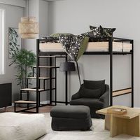 cama alta con somier y escalera reversible en metal negro y melamina imitacion roble - superficie de descanso 140 x 190 cm - montana