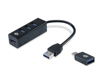 HUB USB 3.0 CONCEPTRONIC HUBBIES04B 4 PUERTOS USB 3.0 COLOR NEGRO Y ADAPTADOR A USB-C