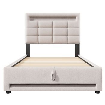 Cama Tapizada, 90x200cm - Con Control Remoto App, Con Luces Led, Almacenamiento Hidráulico, Con Puerto Usb - Beige