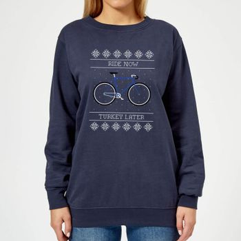 Ride Now, Turkey Later Women's Christmas Jumper - Navy - S - Navy