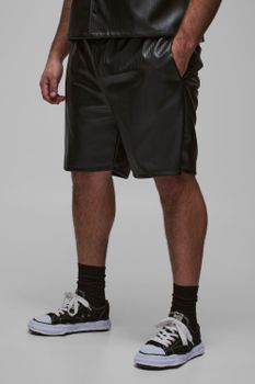 Pantalón Corto Plus Plisado Estilo Baloncesto De Cuero Sintético, Negro