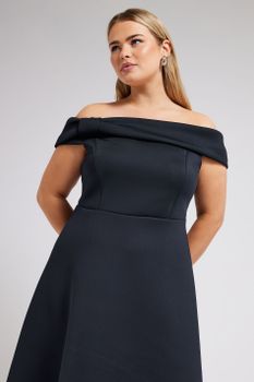 Yours London Vestido Azul Marino Bardot Con Vuelo, Mujer Curvy Y Tallas Grandes, Yours London