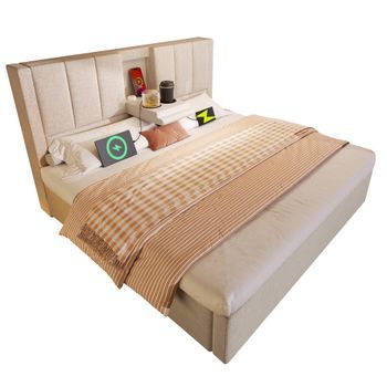 Cama Tapizada De 160 X 200 Cm - Cama Individual Multifuncional Con Almacenaje, Cama Hidráulica Rellenable - Beige