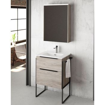 Mueble De Baño Al Suelo Con Lavabo Cerámico | 2 Cajones Con Cierre Amortiguado Y Organizador | 60 Cm - Pino Gris